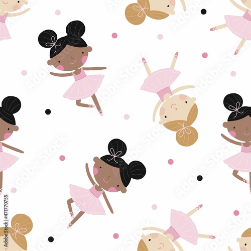 Cute little ballerina - vector seamless pattern in flat style. Cute little ballerina in  pointe shoes. The princess girl is dancing - ballet for the nursery
