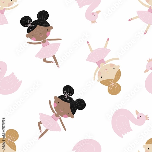 Cute little ballerina - vector seamless pattern in flat style. Cute little ballerina in  pointe shoes. The princess girl is dancing - ballet for the nursery