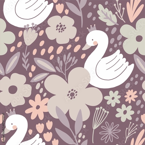Cute hand drawn Swan and Flowers - vector print. Seamless pattern with cartoon swan, flowers, leaf 