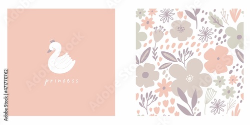 Cute hand drawn Swan and Flowers - vector print. Seamless pattern with cartoon swan, flowers, leaf 