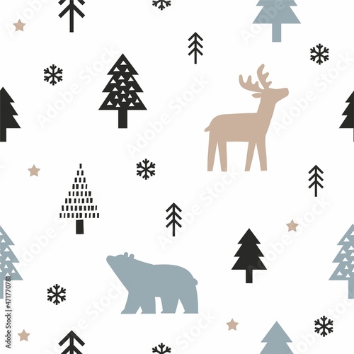 Scandinavian Christmas - vector seamless pattern. Winter clipart - Snowflakes, stars, houses, tree. Happy Holidays © webmuza