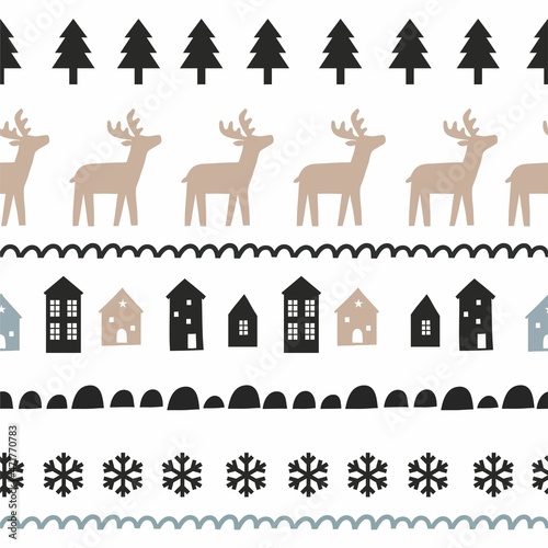 Scandinavian Christmas - vector seamless pattern. Winter clipart - Snowflakes  stars  houses  tree. Happy Holidays