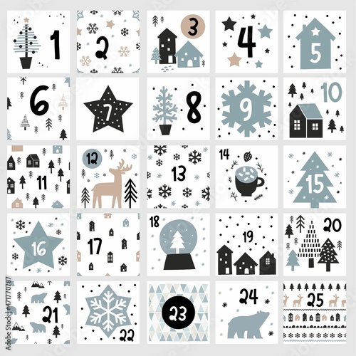 Scandinavian Christmas - Advent calendar. Winter clipart - Snowflakes, stars, houses, tree. Happy Holidays