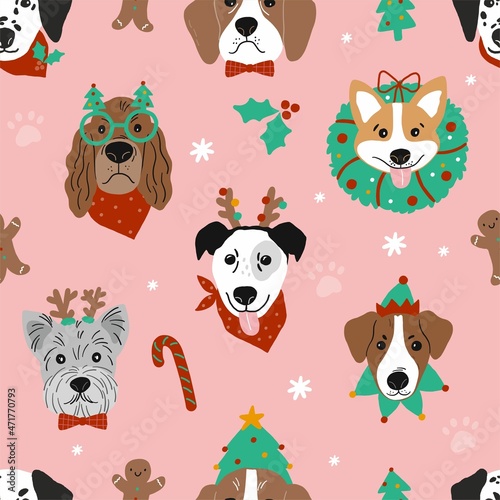 Cute cartoon Christmas dogs - vector prin in flat style. Holidays pet in Christmas hat. Seamless pattern