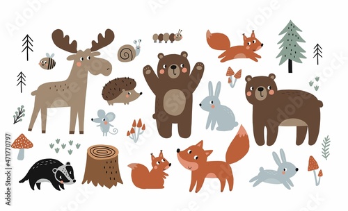 Cute Cartoon forest animals - vector set. Bear, deer, fox, hare, snail, tree, Badger, squirrel, hedgehog - in flat style. Woodland