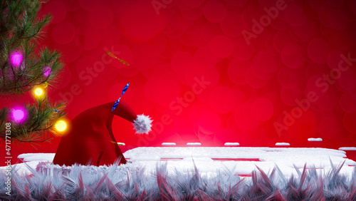 santa hat with christmast tree on red theme, 3d illustration rendering photo