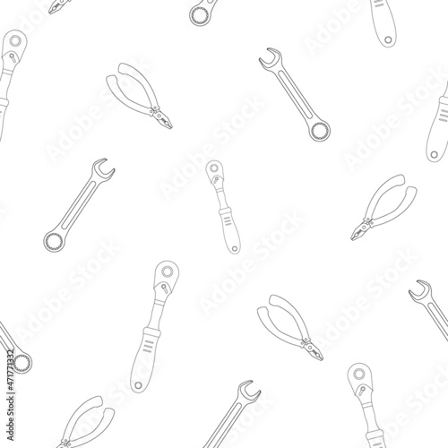 Pattern of flat key ratchet and pliers, just a wrench classic shape. Linear design. On a white background. Tools for any specialist. Flat vector illustration.