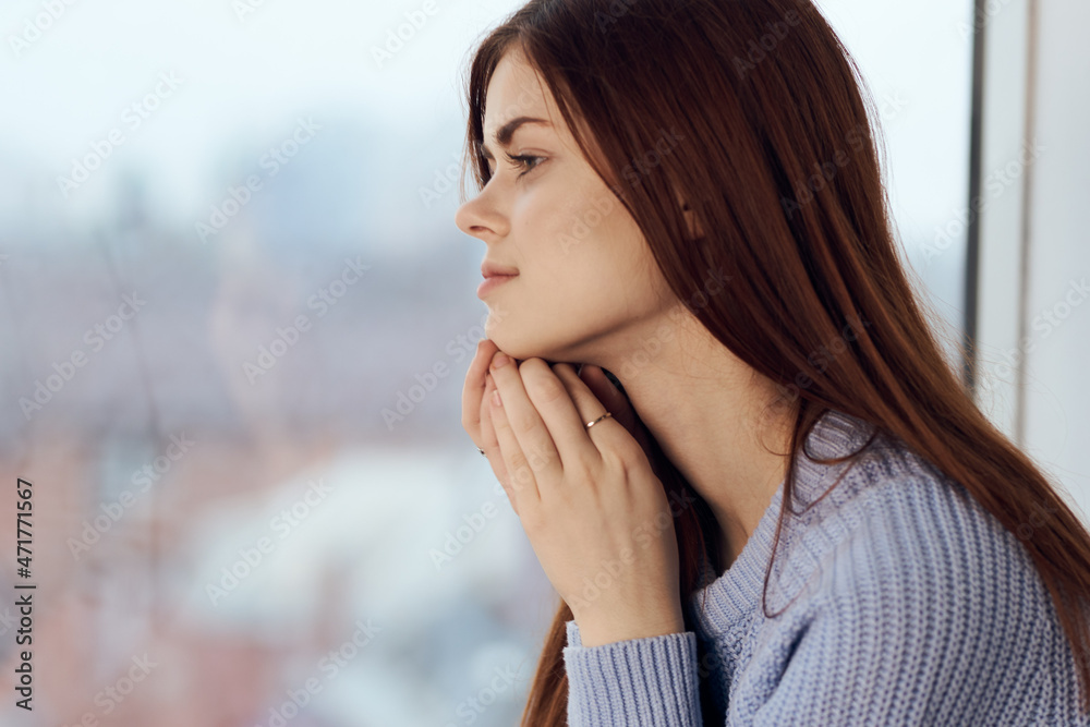 pretty woman dreamy look near window at home rest pretty woman dreamy look near window at home rest