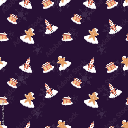 snow covered Santa Claus, gingerbread man, house with chimney, snowflake seamless repeat pattern for packaging, textile, gift cover, background for Christmas design project.