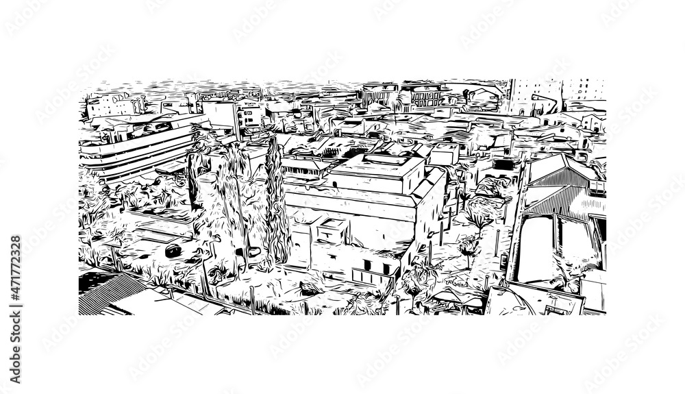Building view with landmark of Limassol is the 
city in Cyprus. Hand drawn sketch illustration in vector.