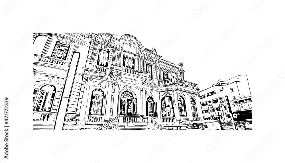 Building view with landmark of Limassol is the 
city in Cyprus. Hand drawn sketch illustration in vector.