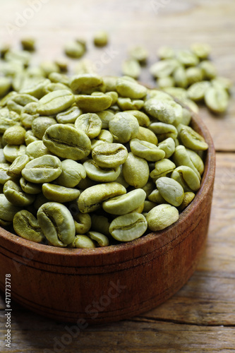 Green coffee beans in bowl on wooden table, closeup