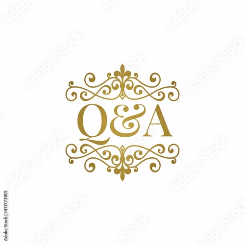 Q&A initials logo ornament gold. Letter QA wedding ampersand or business partner symbol.	

