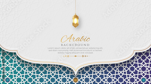 White and Blue Luxury Islamic Arch Background with Decorative Ornament Pattern