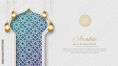 White and Blue Luxury Islamic Arch Background with Decorative Ornament Pattern