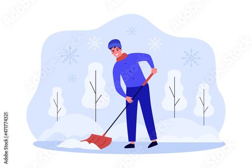 Male worker with shovel clearing snow from road. Smiling street cleaner working under snowfall flat vector illustration. Winter, seasonal work concept for banner, website design or landing web page