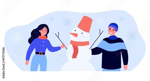 Cartoon couple building snowman. Man and woman spending time outdoor and playing with snow flat vector illustration. Activity in wintertime concept for banner, website design or landing web page