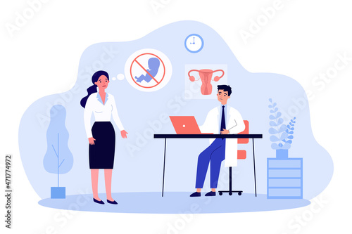 Woman having appointment with gynecologist. Female character having problem with becoming pregnant flat vector illustration. Health care, pregnancy concept for banner, website design, landing web page