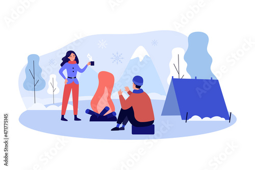 Couple speaking near campfire and tent. Male and female characters spending time outdoor out of town flat vector illustration. Winter camping concept for banner, website design or landing web page