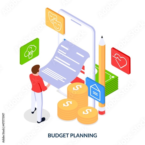 Budget planning concept. A man in front of a huge phone with a check in his hands, With icons of expenses around. Vector illustration in isometric style on white background.