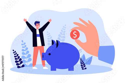 Tiny man standing near piggy bank with giant hand putting dollar coin in it. Male character saving money flat vector illustration. Budget, finance concept for banner, website design, landing web page