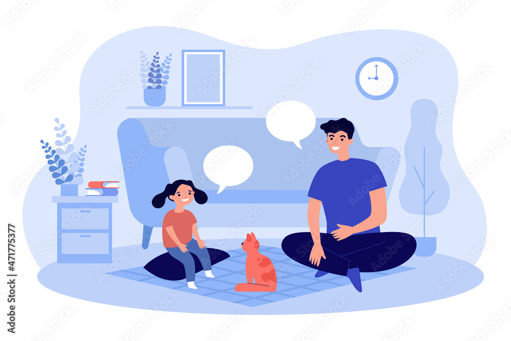 Obraz premium Father speaking with daughter sitting on floor in cozy living room. Parent and child playing with cat flat vector illustration. Family relationship concept for banner, website design, landing web page