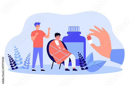 Tiny people near medicine bottle with hand stretching pill to them. Male character caring about sick friend flat vector illustration. Health care concept for banner, website design or landing web page