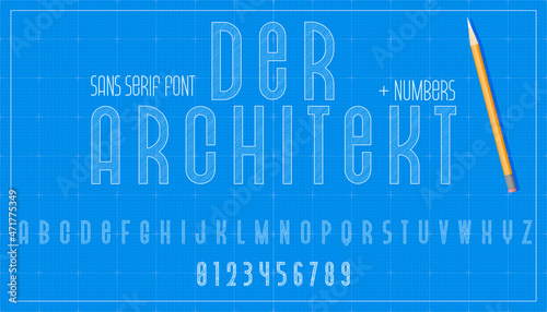 Blueprint architecture font. Capital sans serif letters alphabet. Sketch vector plan design background.