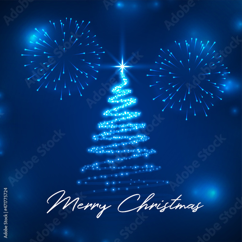 sparkling blue merry christmas tree with firework greeting card design