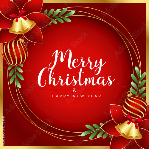 realistic merry christmas golden and red greeting design
