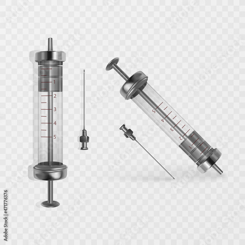 Glass syringe illustration in black and white in realistic style vintage syringe, vector format