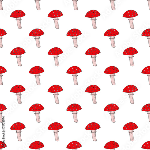 fly agaric mushroom seamless pattern hand drawn. vector, minimalism, scandinavian, trendy colors 2022, red. poisonous, textiles, wallpaper, wrapping paper, background. © Ирина Самойлова