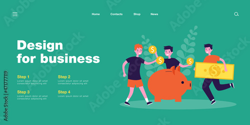 Children putting coins and banknotes into piggybank. Cartoon boys saving money in moneybox flat vector illustration. Finances, economy, education concept for banner, website design or landing page