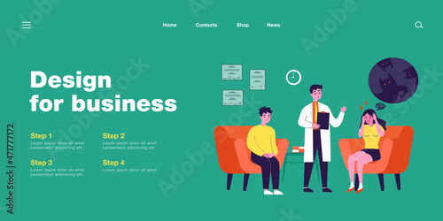 Patient with schizophrenia at psychiatrist office. Woman with mental disorder, confused medical professional flat vector illustration. Mental health, psychology concept for banner, website design