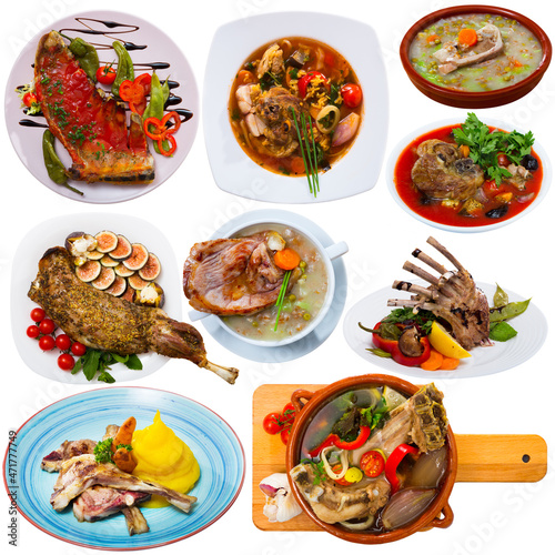 Collage of different plates of mutton meat on white background