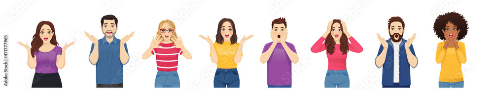 Surprised shocked yong people with different gestures and open mouth isolated vector illustration Surprised shocked yong people with different gestures and open mouth isolated vector illustration