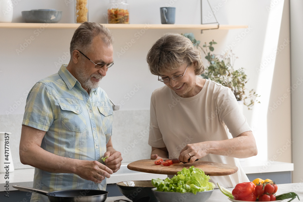 Happy senior couple cooking fresh salad for homemade dinner together, cutting vegetables into bowl on kitchen table, eating natural organic food, talking, laughing, keeping healthy lifestyle
