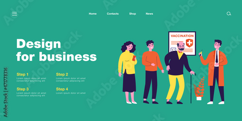 People waiting in line for vaccinations. Doctor holding syringe with vaccine against covid flat vector illustration. Hospital, coronavirus concept for banner, website design or landing web page