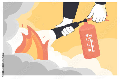Hands of fireman putting out flame with fire extinguisher. Firefighter training and extinguishing fire with equipment flat vector illustration. Emergency assistance and help in accident concept