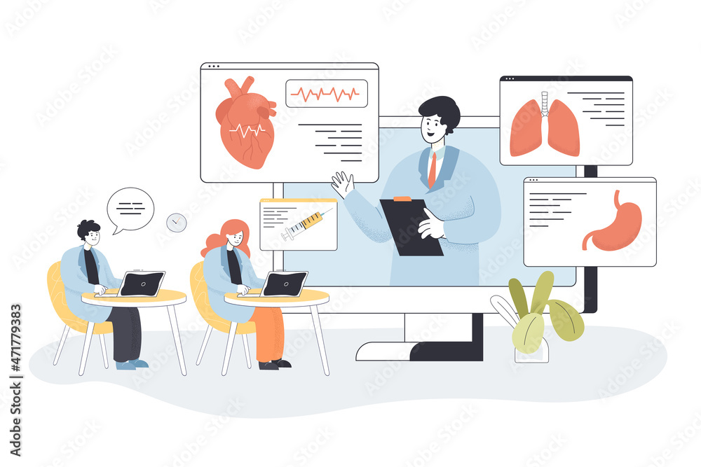 Students learning medicine online on webinar in virtual class. People training with doctor on podcast lesson or lecture flat vector illustration. Web platform for medical education, healthcare concept Students learning medicine online on webinar in virtual class. People training with doctor on podcast lesson or lecture flat vector illustration. Web platform for medical education, healthcare concept
