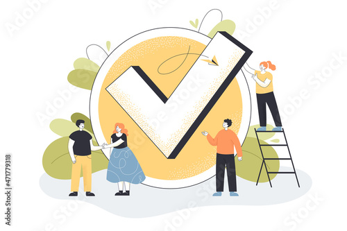 Tiny people standing near big checkmark. Team of male and female characters finishing work with to do list or good job sign flat vector illustration. Done job, checklist, time management concept