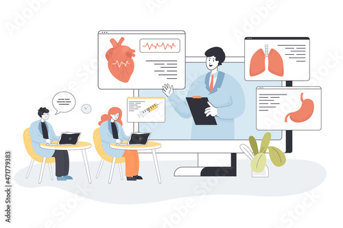 Students learning medicine online on webinar in virtual class. People training with doctor on podcast lesson or lecture flat vector illustration. Web platform for medical education, healthcare concept