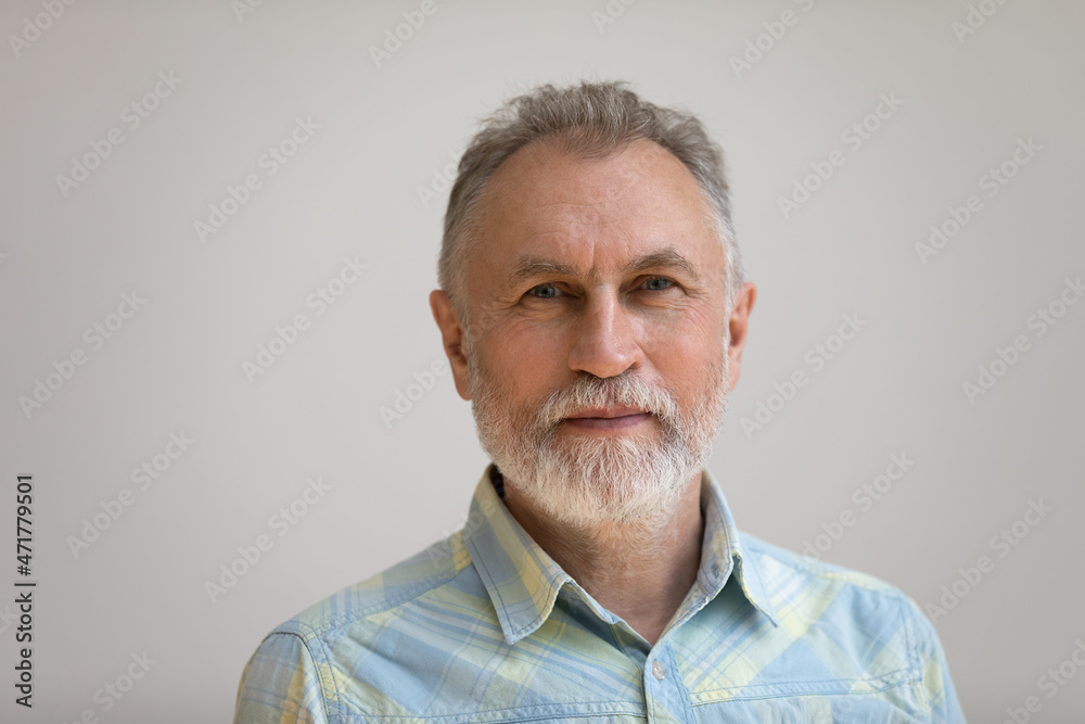 Serious older man in casual with beard head shot portrait. Grey haired retiree, pensioner posing, standing isolated against white wall background. Close up male portrait, elderly age concept Serious older man in casual with beard head shot portrait. Grey haired retiree, pensioner posing, standing isolated against white wall background. Close up male portrait, elderly age concept