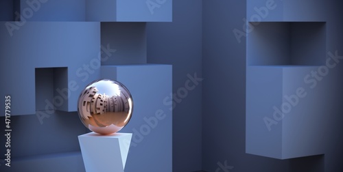 3D rendering, The spherical metal ball on a platform in a tall building reflects light from the surrounding buildings.. The concept of the world that affects the environment around us.