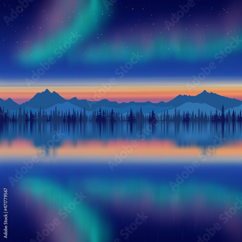 Aurora borealis reflected in the sea, winter holiday illustration