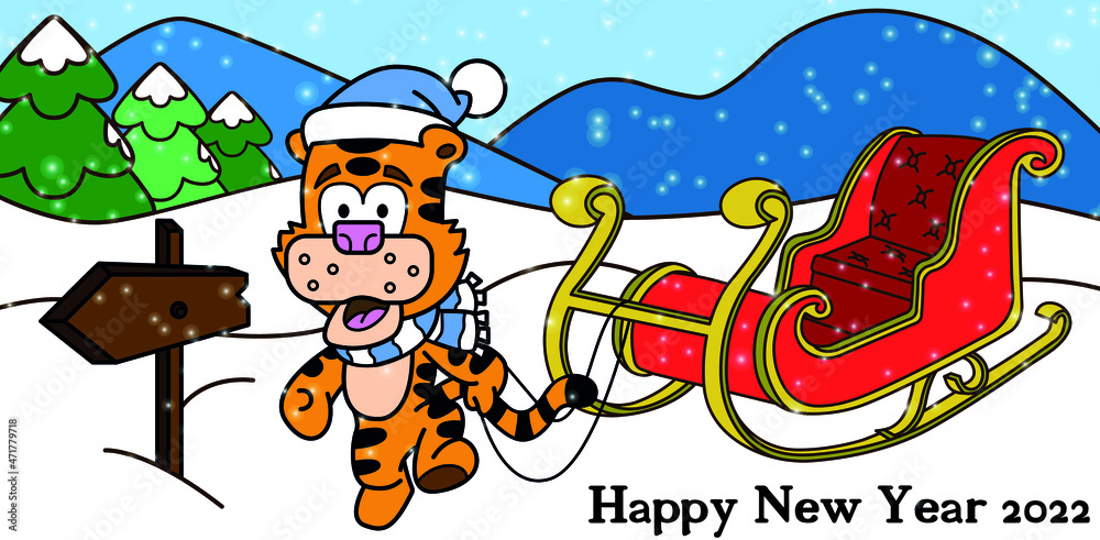 
New Year card with a tiger carrying a sleigh in the winter forest