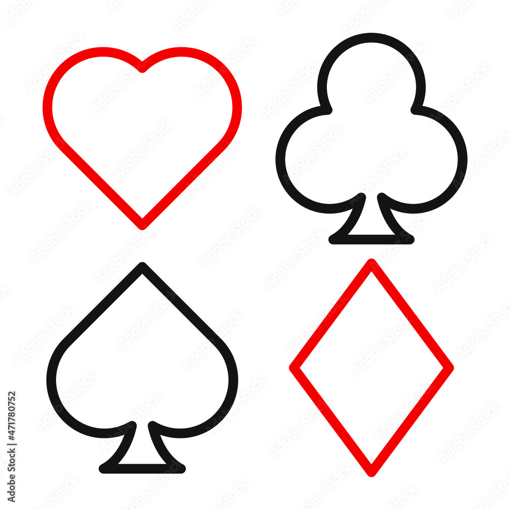 Playing cards symbols. Vector illustration isolated on white background. Poker icon. Playing cards symbols. Vector illustration isolated on white background. Poker icon.