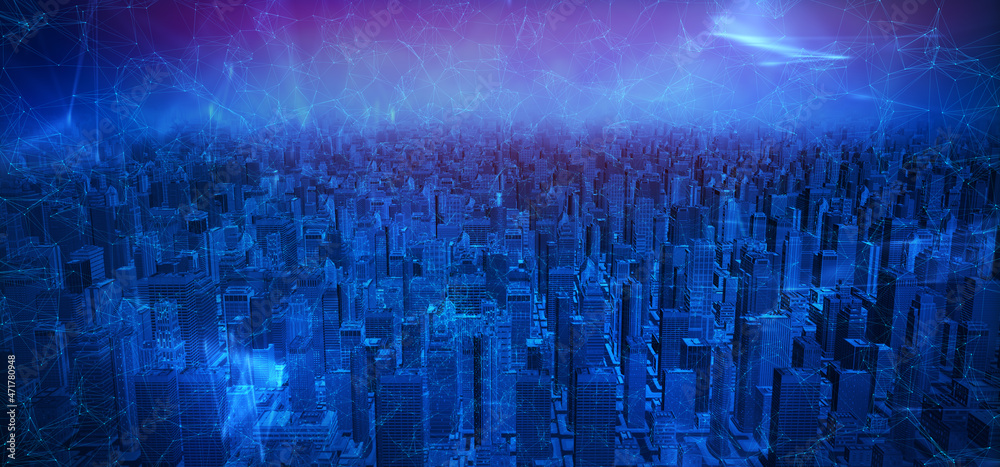 network and Connection technology concept with city background at night. Modern city with network connection and city scape concept. 