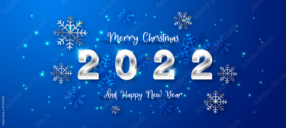 Happy New Year 2022 gold numbers typography greeting card design on blue background. Merry Christmas invitation poster with golden decoration elements.