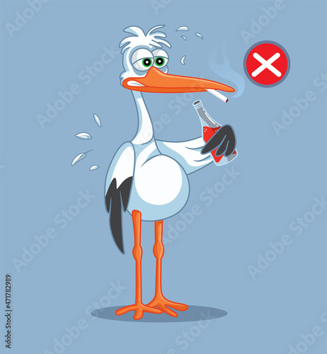 Pregnant Stork Smoking and Drinking Vector Cartoon Illustration